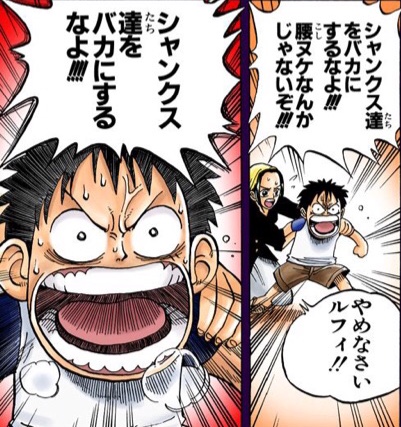 シャンクス達の事を馬鹿にする山賊達を許せないルフィ
